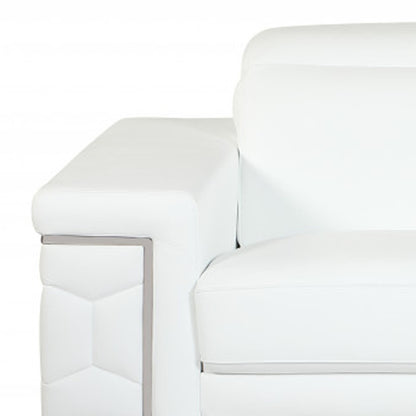 71" White Italian Leather Sofa With Silver Legs