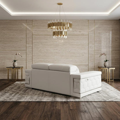 71" White Italian Leather Sofa With Silver Legs