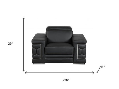 Three Piece Indoor Black Italian Leather Six Person Seating Set