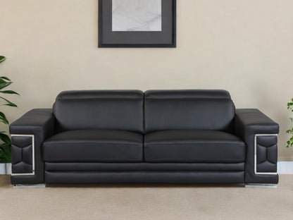 89" Black Italian Leather Sofa With Silver Legs