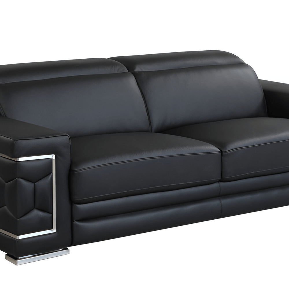 89" Black Italian Leather Sofa With Silver Legs