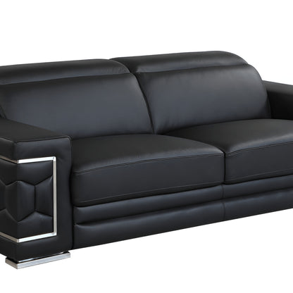 89" Black Italian Leather Sofa With Silver Legs