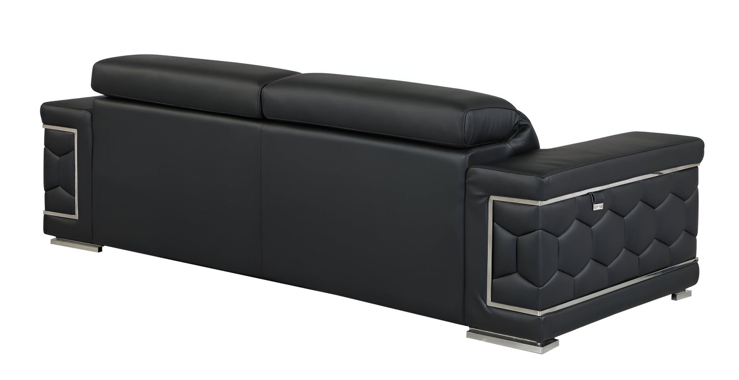 89" Black Italian Leather Sofa With Silver Legs