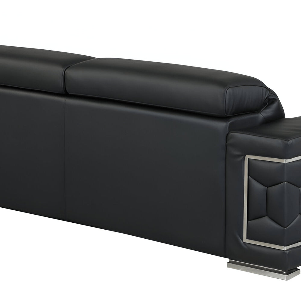 89" Black Italian Leather Sofa With Silver Legs