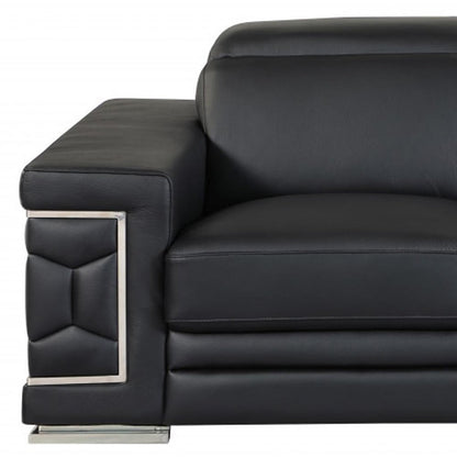 71" Black And Silver Genuine Leather Love Seat