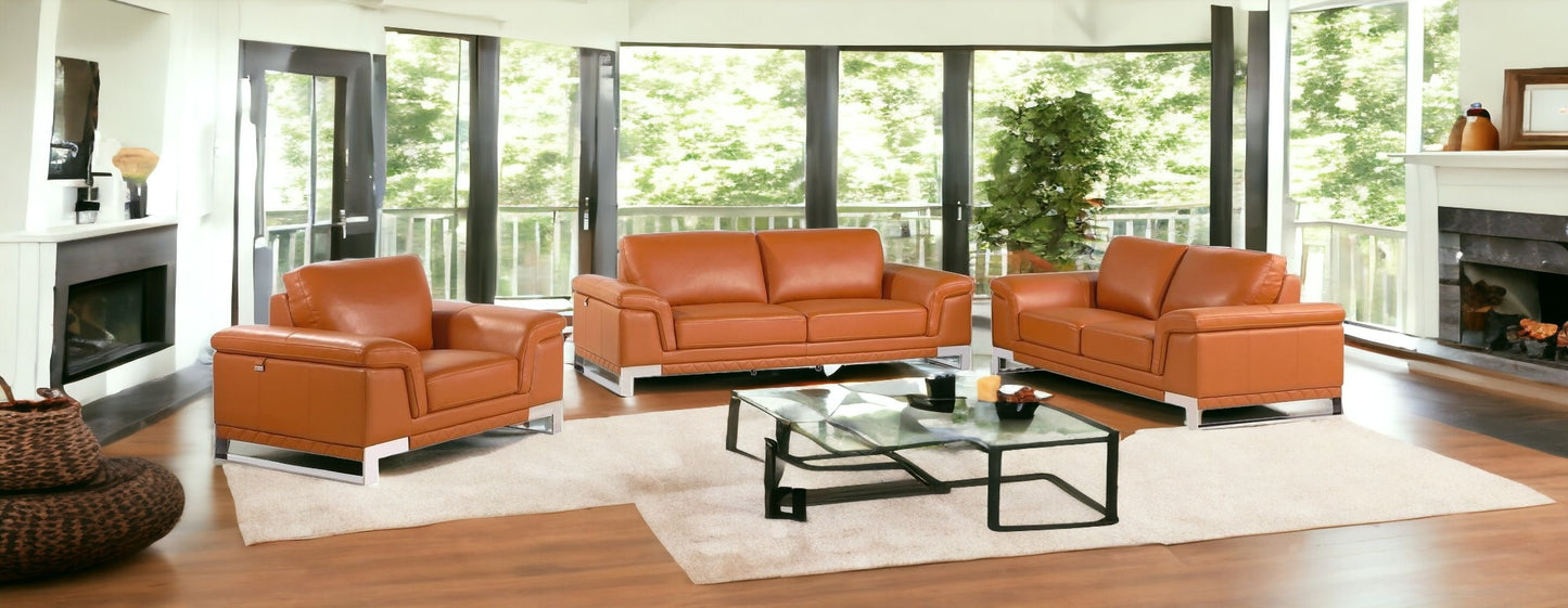 Three Piece Indoor Camel Italian Leather Six Person Seating Set