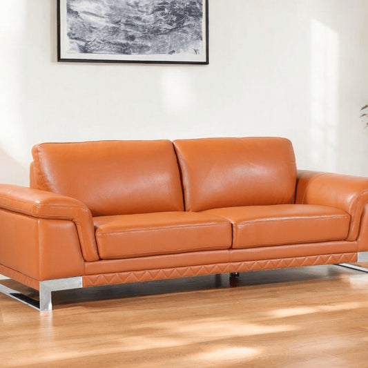 90" Orange Italian Leather Sofa With Silver Legs