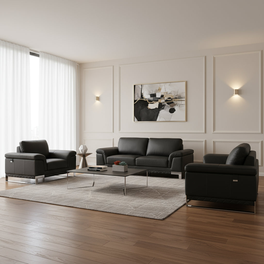 Three Piece Indoor Black Italian Leather Six Person Seating Set