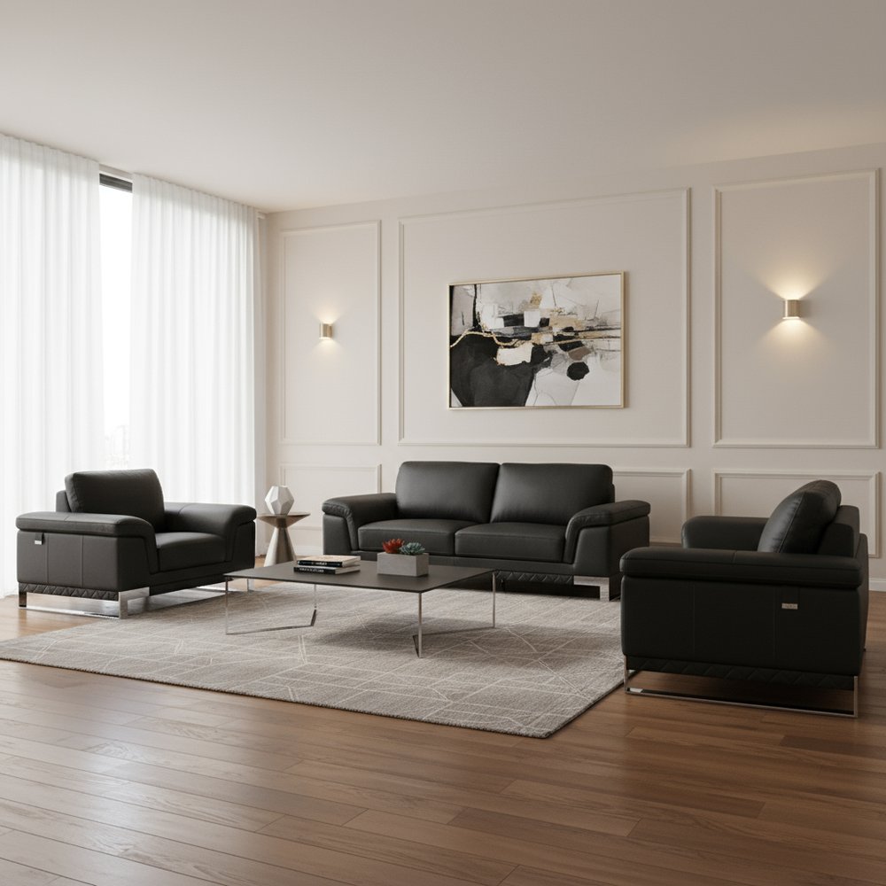 Three Piece Indoor Black Italian Leather Six Person Seating Set