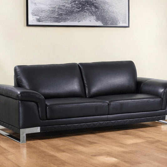 90" Black Italian Leather Sofa With Silver Legs