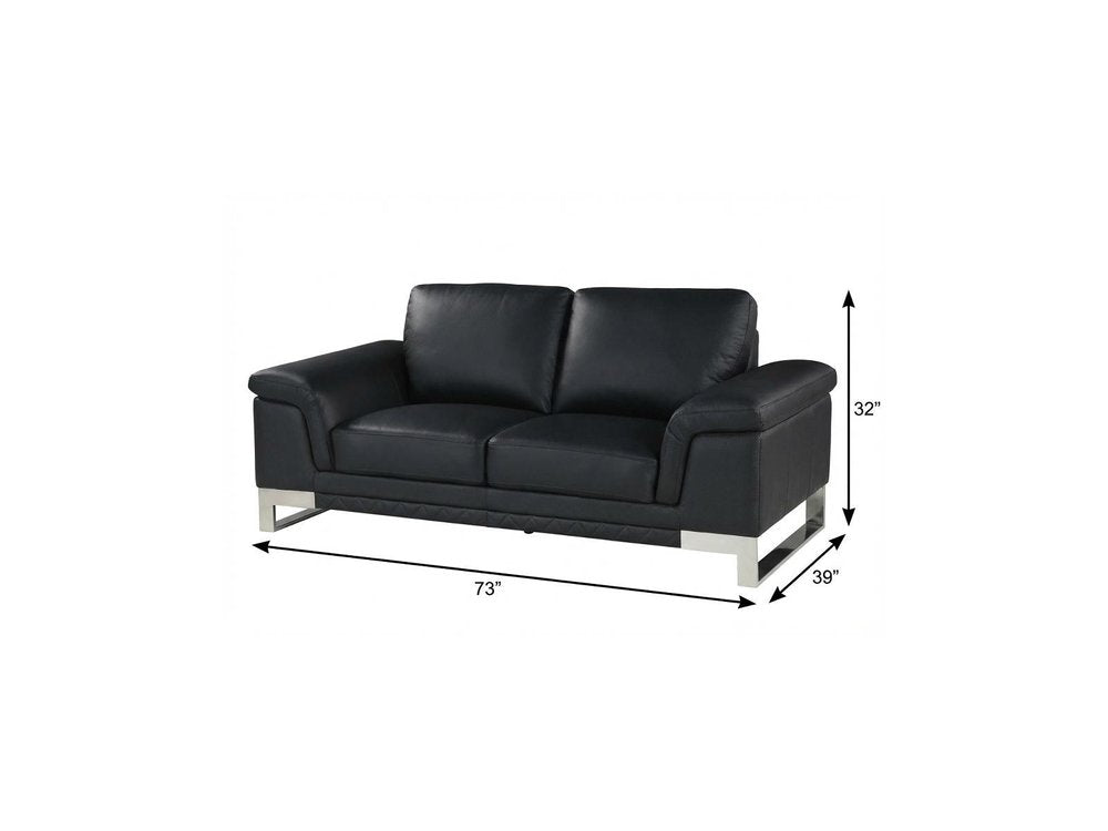 73" Black And Silver Genuine Leather Love Seat