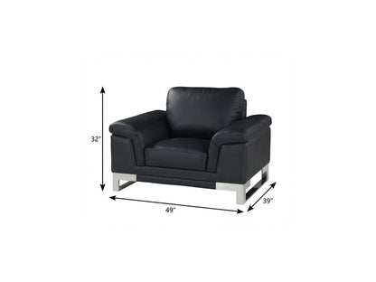 49" Black And Silver Genuine Leather Arm Chair