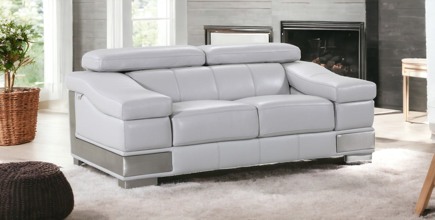 73" Light Gray And Silver Genuine Leather Love Seat