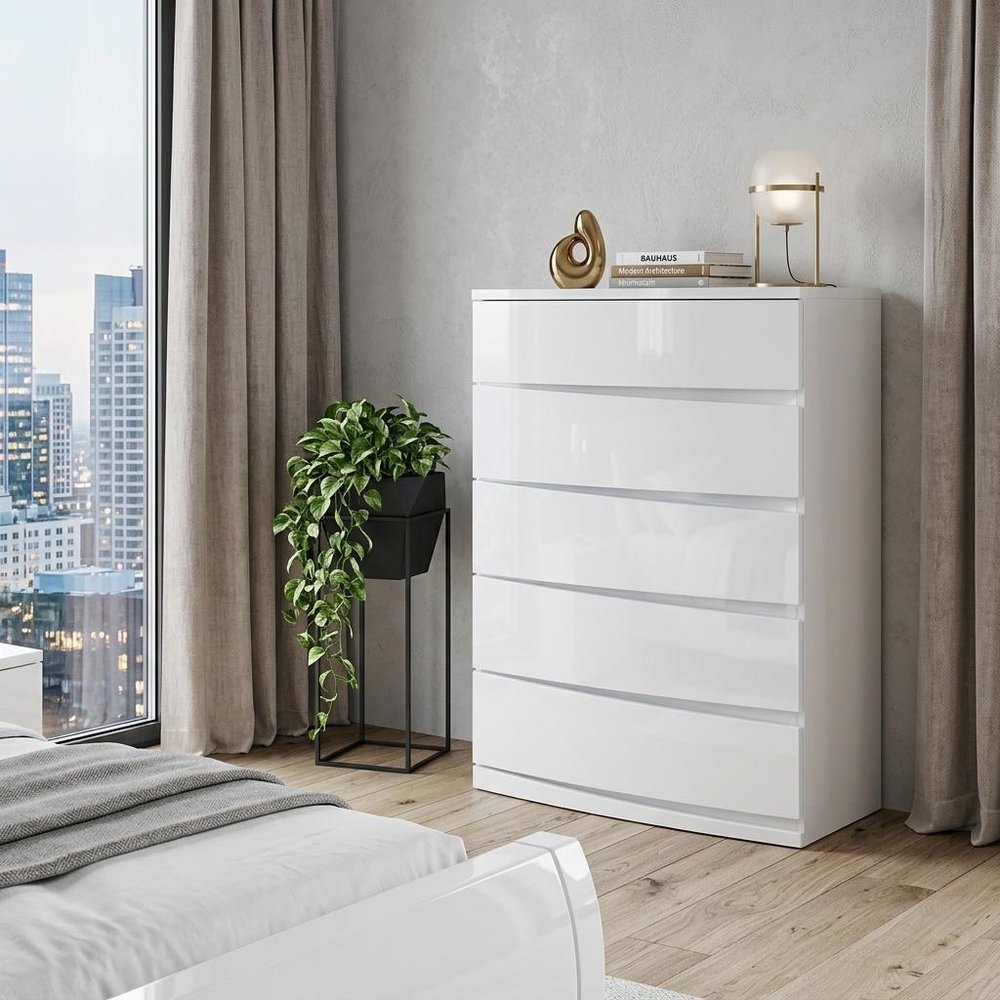 35" White Wood Five Drawer Dresser