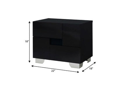 18" Black Wood And Mirrored Glass Two Drawer Nightstand