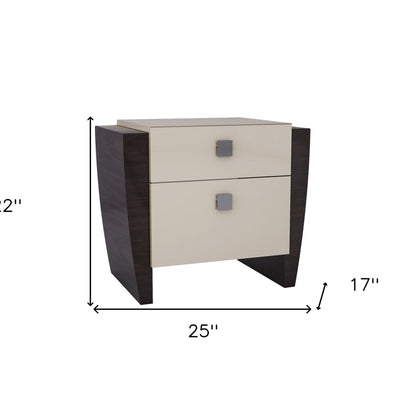 22" Beige and Dark Brown Two Drawer Wood Mirrored Nightstand With Storage