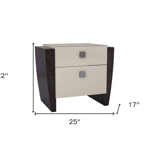 22" Beige and Dark Brown Two Drawer Wood Mirrored Nightstand With Storage