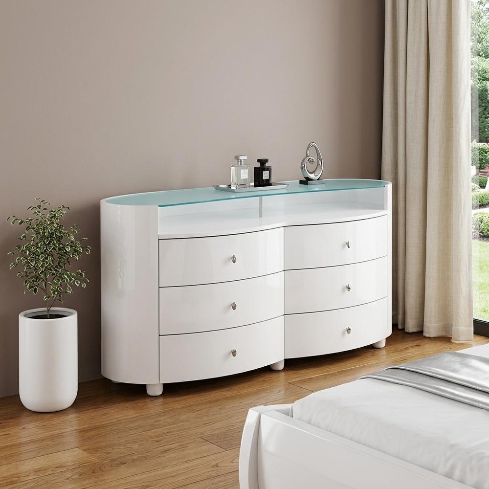 63" White Wood Six Drawer Double Dresser
