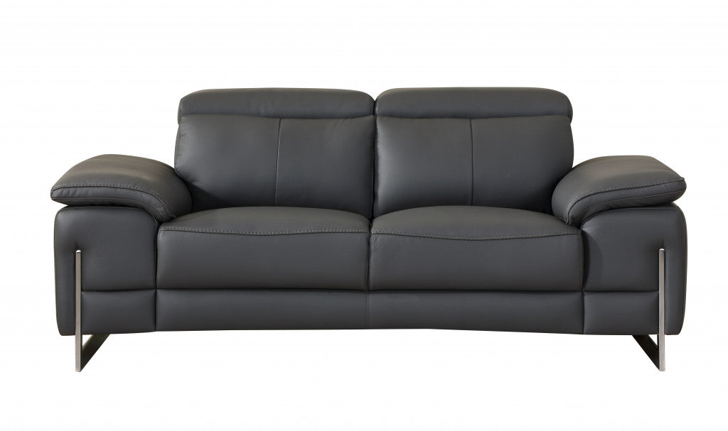 71" Dark Gray And Silver Genuine Leather Loveseat