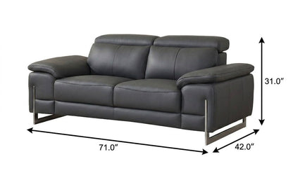 71" Dark Gray And Silver Genuine Leather Loveseat