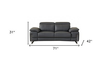 71" Dark Gray And Silver Genuine Leather Loveseat