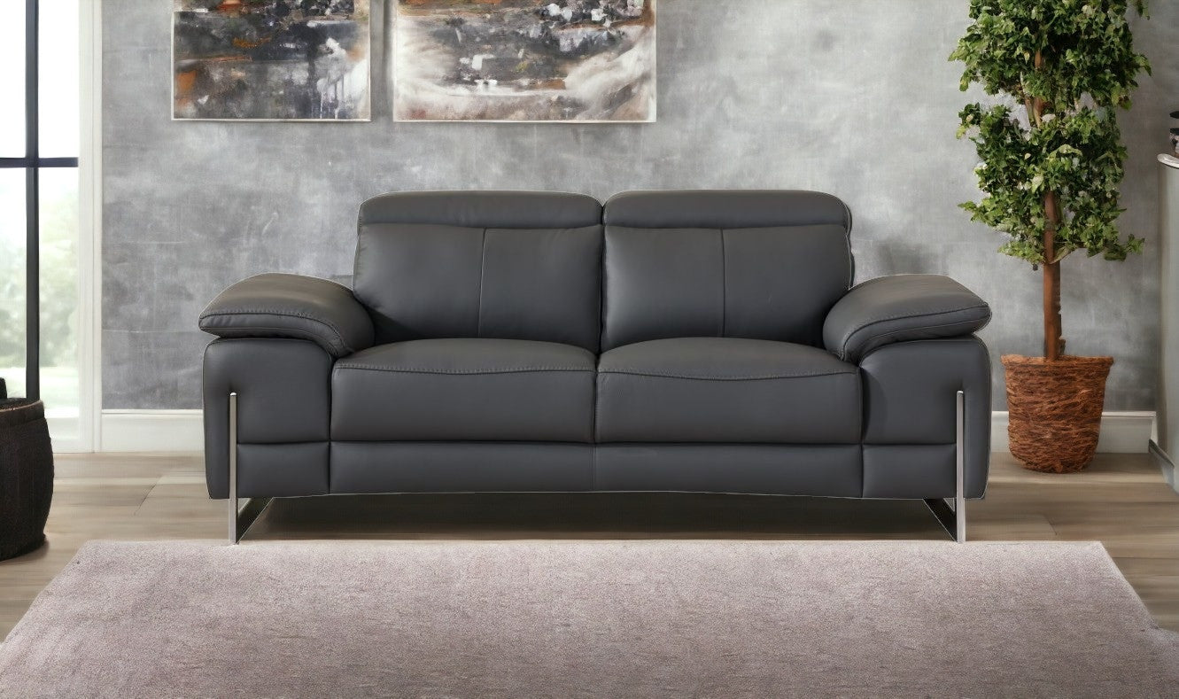 71" Dark Gray And Silver Genuine Leather Loveseat