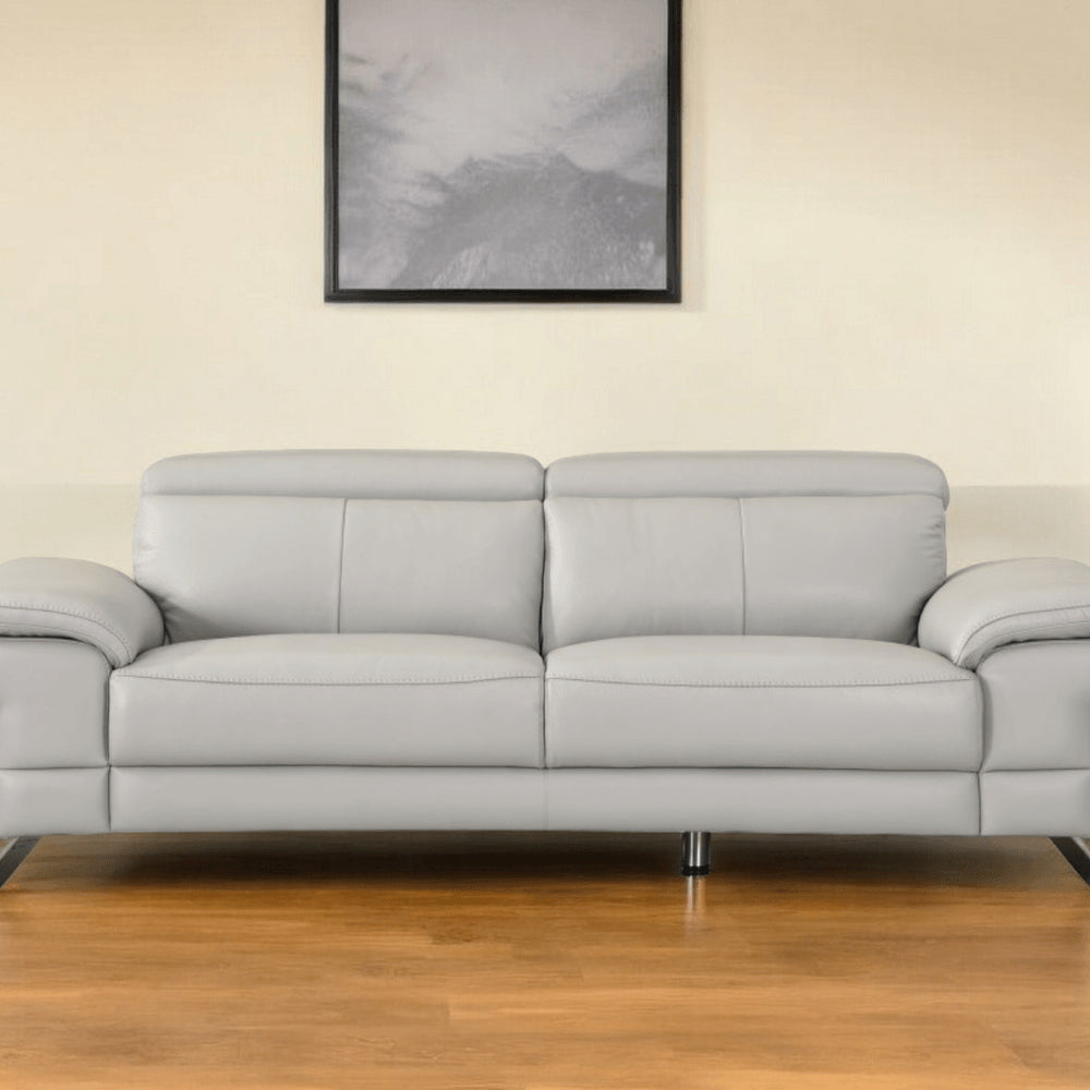 87" Light Gray Italian Leather Sofa With Silver Legs