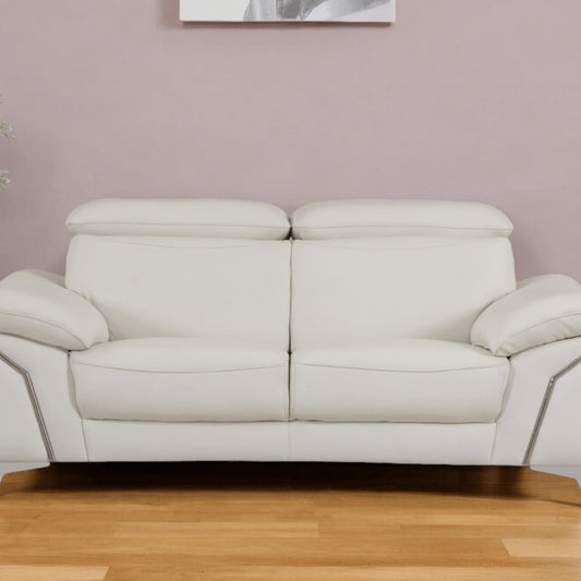 71" White Italian Leather Sofa With Silver Legs