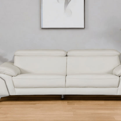 87" White Italian Leather Sofa With Silver Legs