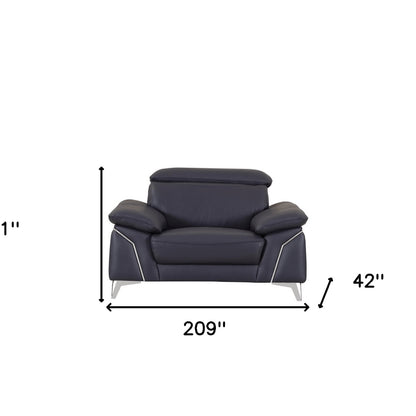 Three Piece Indoor Blue Italian Leather Six Person Seating Set