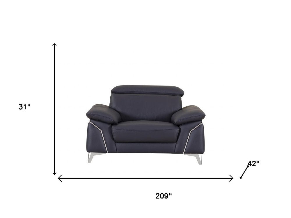 Three Piece Indoor Blue Italian Leather Six Person Seating Set