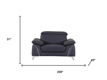 Three Piece Indoor Blue Italian Leather Six Person Seating Set