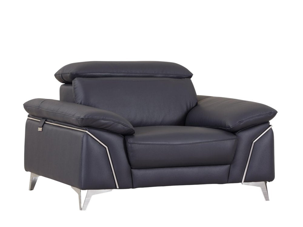 51" Blue And White Genuine Leather Chair and a Half