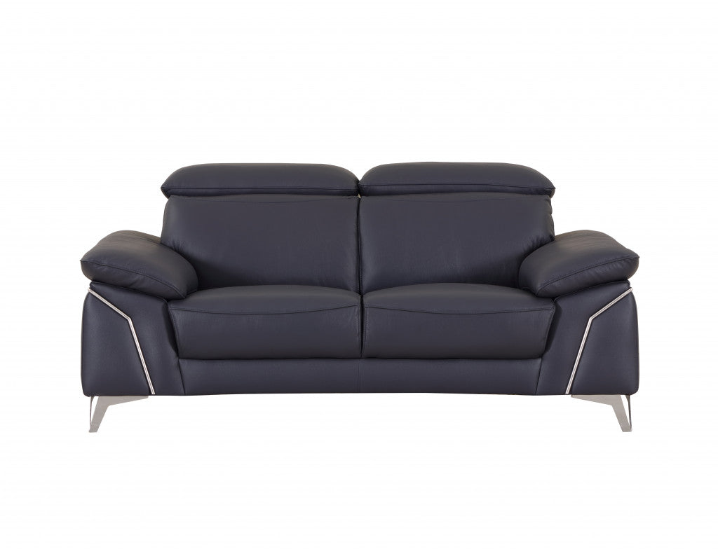 71" Navy Blue And Silver Genuine Leather Loveseat