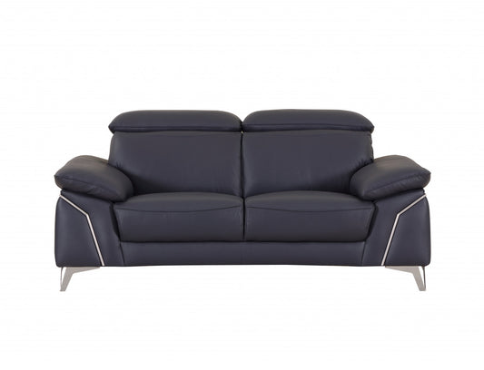 71" Navy Blue And Silver Genuine Leather Loveseat