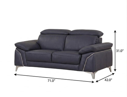 71" Navy Blue And Silver Genuine Leather Loveseat