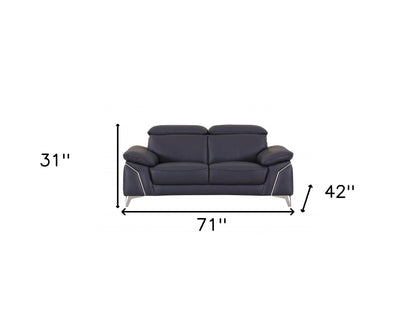 71" Navy Blue And Silver Genuine Leather Loveseat