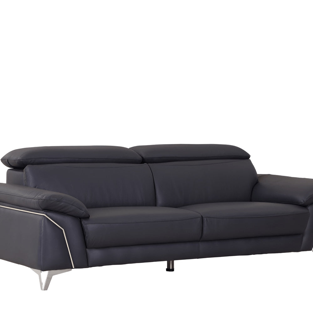 87" Blue Italian Leather Sofa With Silver Legs