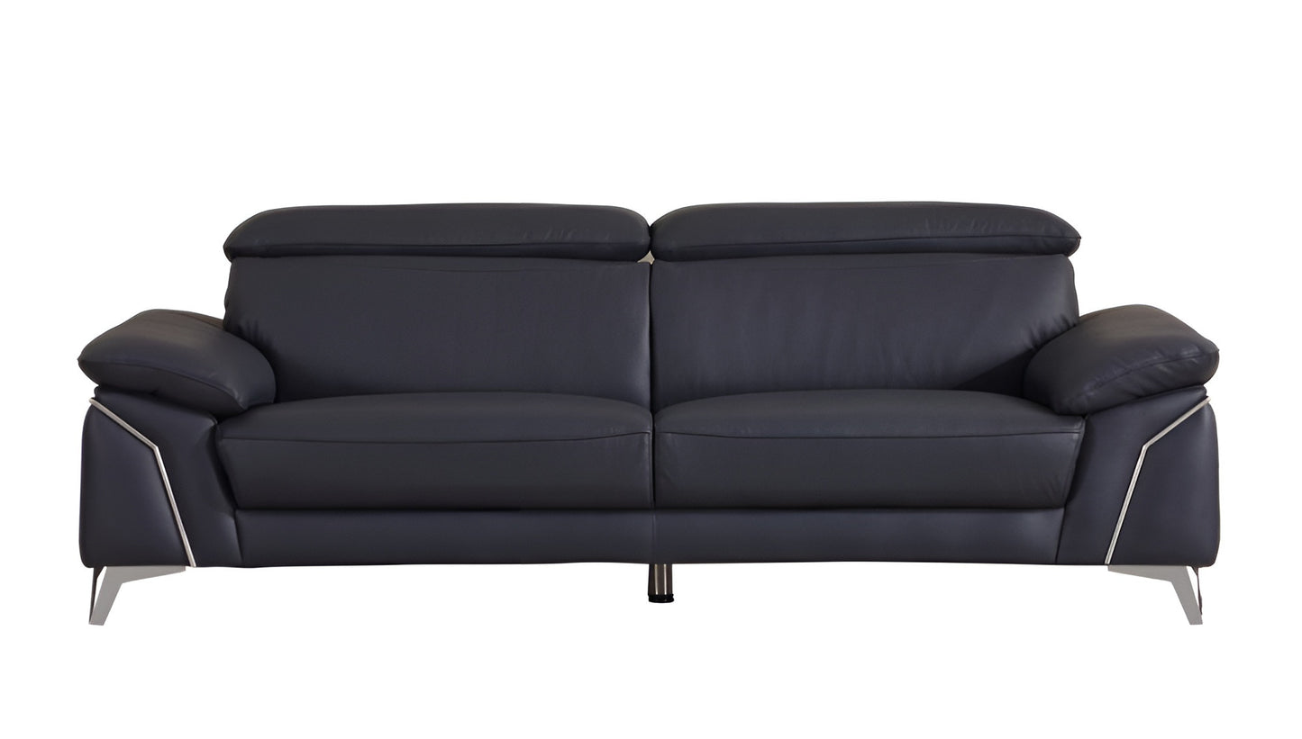 87" Blue Italian Leather Sofa With Silver Legs