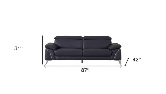 87" Blue Italian Leather Sofa With Silver Legs