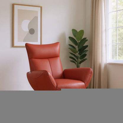 37" Red And Silver Genuine Leather Swivel Lounge Chair