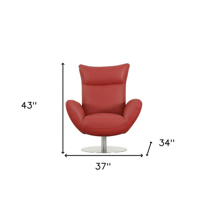 37" Red And Silver Genuine Leather Swivel Lounge Chair