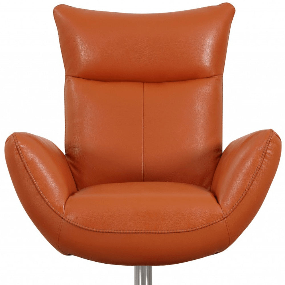37" Orange And Silver Genuine Leather Lounge Chair