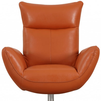 37" Orange And Silver Genuine Leather Lounge Chair