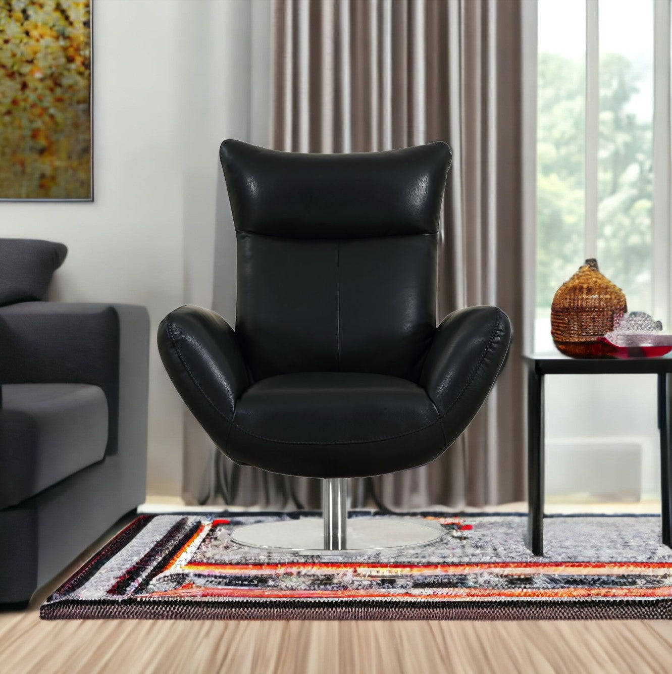 43" Black Contemporary Leather Lounge Chair