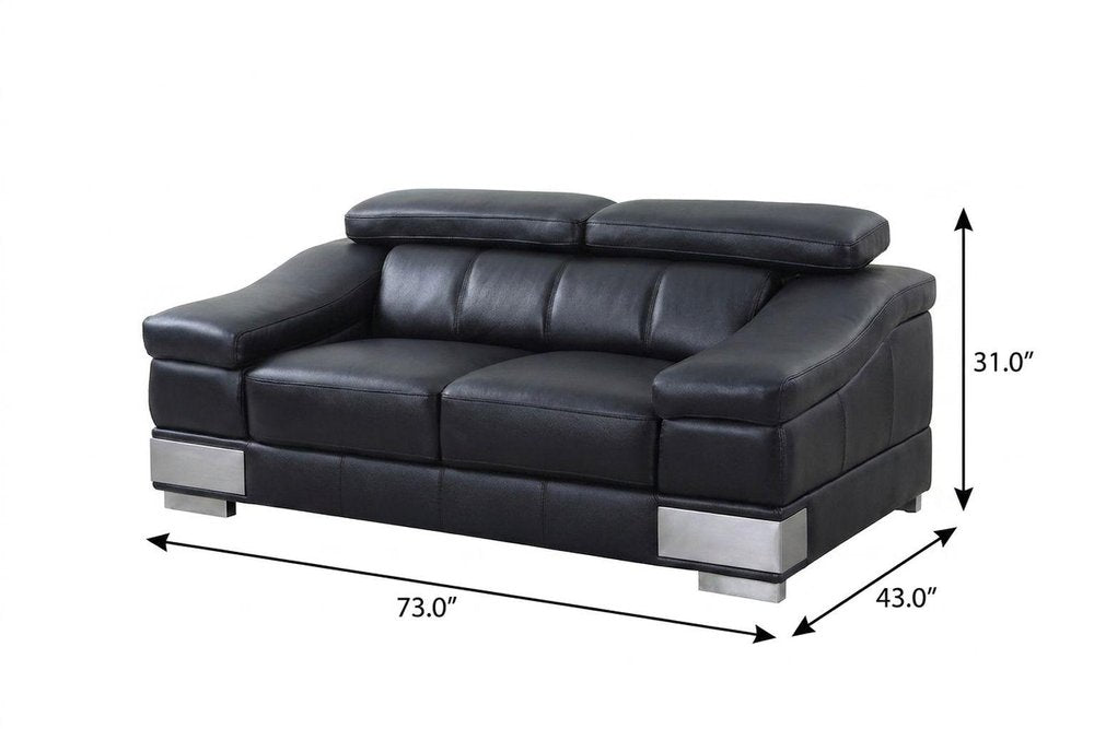 73" Black And Silver Genuine Leather Love Seat