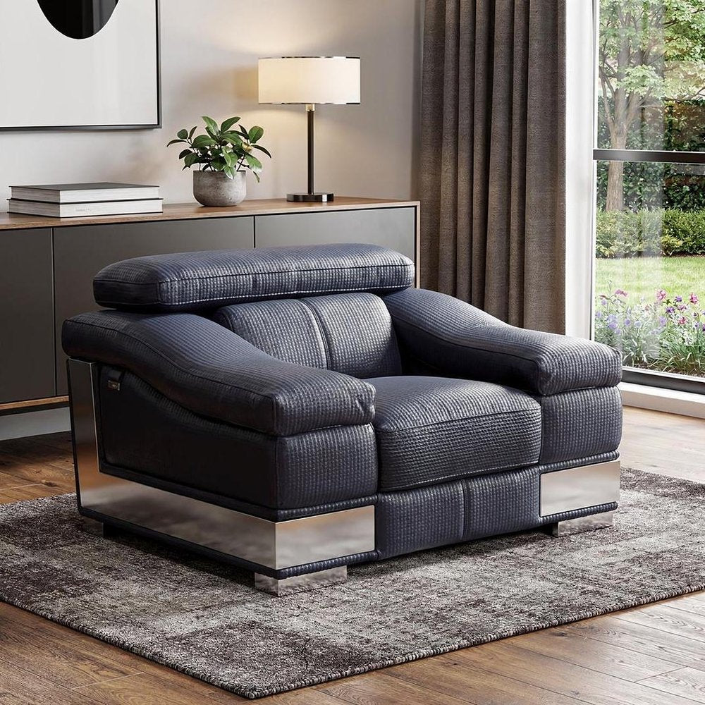 49" Black And Silver Genuine Leather Arm Chair