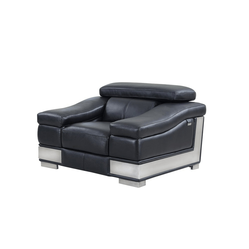 49" Black And Silver Genuine Leather Arm Chair