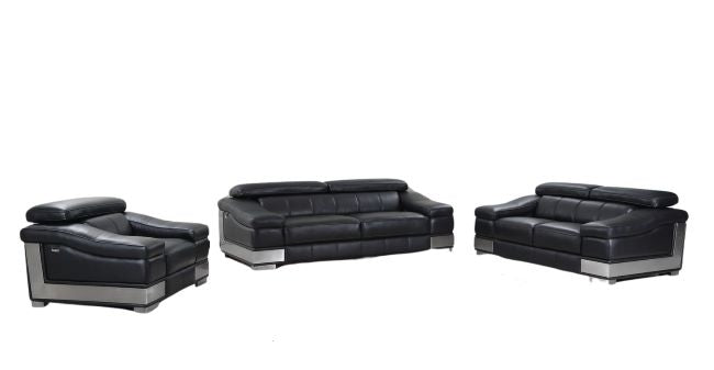 Three Piece Indoor Black Italian Leather Six Person Seating Set