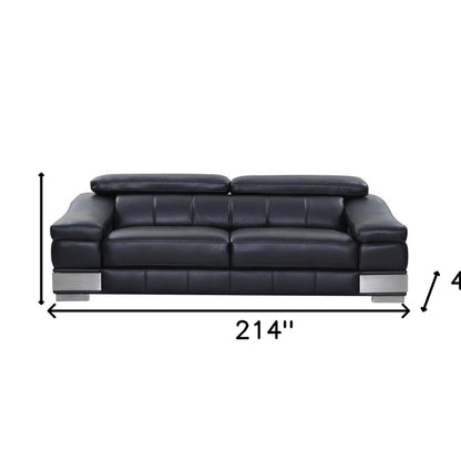 Three Piece Indoor Black Italian Leather Six Person Seating Set